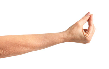 Woman showing gesture with hand on white background, closeup