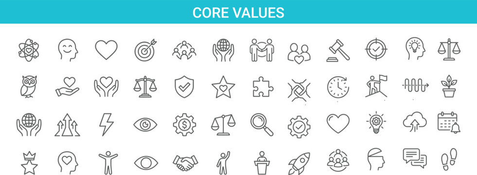 Core values line icon set illustrating ethics, integrity, leadership, teamwork, trust, sustainability, innovation, responsibility, balance, motivation, corporate culture, business philosophy concepts 