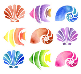 Muscheln, Fische und Schnecken gemalt mit Aqurell © Nika_Art