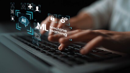 Hands Typing on Laptop with Technology Icons Representing Artificial Intelligence and Machine...