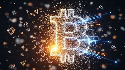 Bitcoin Logo Sparkles in Dark Space.