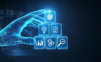 Futuristic human hand interacting with digital technology icons