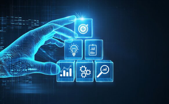 Futuristic human hand interacting with digital technology icons - Powered by Adobe