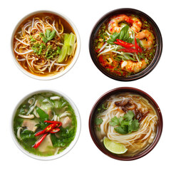 Four bowls of steaming hot Asian noodle soups on a black background isolated on transparent background