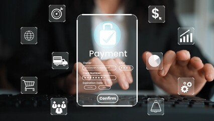 Woman Using Digital Payment Interface with Security Features for Online Shopping and Financial Transactions in Modern Work Environment Gluon.