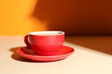 Cup of aromatic coffee on beige table near orange wall, space for text