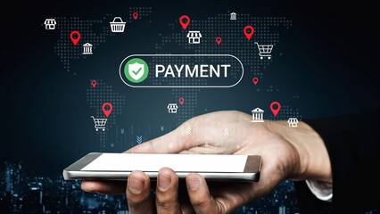 Hand Holding Smartphone with Payment Interface and Digital Shopping Icons Over Dark World Map Background Gluon.