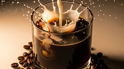 Cream Splashing into Coffee with Coffee Beans milk