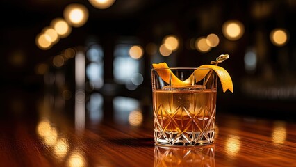 Old Fashioned Cocktail with Orange Twist on Wooden Bar