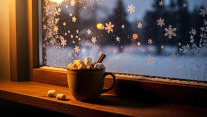 Cozy Hot Chocolate with Marshmallows by a Snowy Window