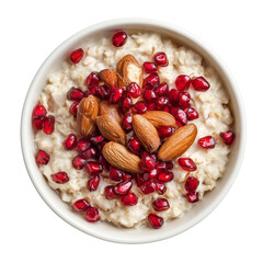 A bowl of oatmeal topped with almonds and pomegranate seeds isolated on transparent background