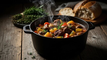 Hearty Beef Stew Steaming in a Black Pot on Rustic Wood