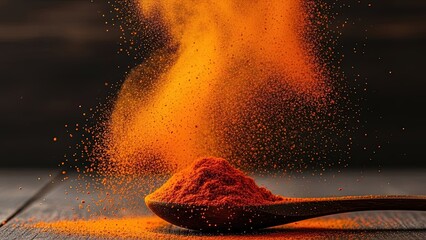 Orange spice powder falling from a wooden spoon turmeric