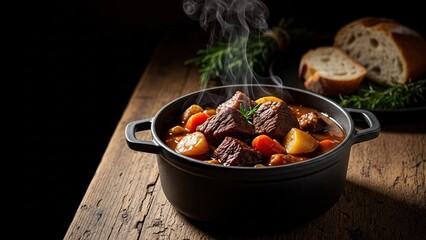 Steaming Beef Stew in a Cast Iron Pot on a Wooden Table