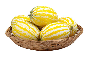 Yellow and white striped melons in a shallow woven basket