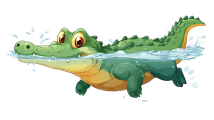 Adorable Cartoon Crocodile Swimming Vector with Outline - Isolated Illustration