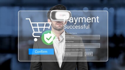 Businessman in Virtual Reality Glasses Celebrating Successful Payment in Digital Shopping Experience with Shopping Cart and Confirm Button on Screen Gluon.