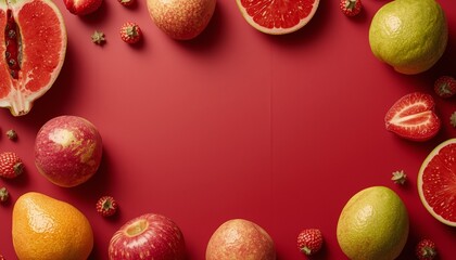 A vibrant arrangement of fresh fruits on a red background