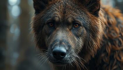 A close-up portrait of a wolf with a blurred forest background