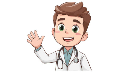 Cheerful Young Doctor Waving Cartoon Vector Illustration with Outline for Medical Designs