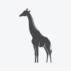 Fototapeta premium A giraffe standing alone in a serene landscape, viewed from the side, showcasing its tall stature and distinctive features in a minimalist illustration.