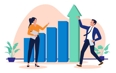 Happy businessman and businesswoman celebrating financial success and company growth with a rising bar graph and a large green upward arrow in a modern flat design vector illustration style