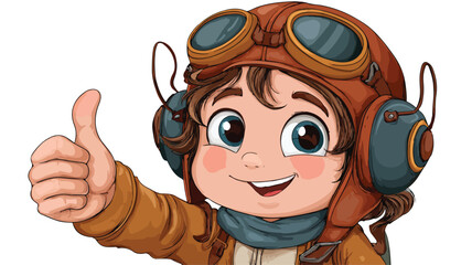 Cheerful Cartoon Young Pilot Giving Thumbs Up Gesture with Outline, Isolated Vector Illustration