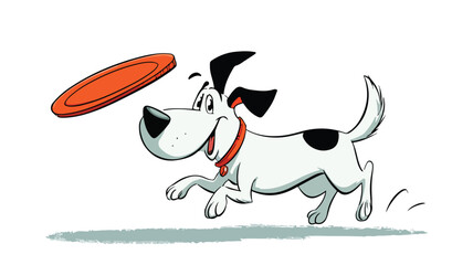 Playful Cartoon Dog Catching Flying Disc Vector Illustration Isolated on White Background