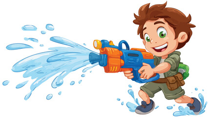 Funny Cartoon Boy Playing Water Gun Vector Illustration with Outline Isolated on White Background