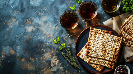 Symbolic elements of Jewish Passover on wooden background. Full glass of wine beside stacked matzah, ready for seder plate. Copy space, free space for text