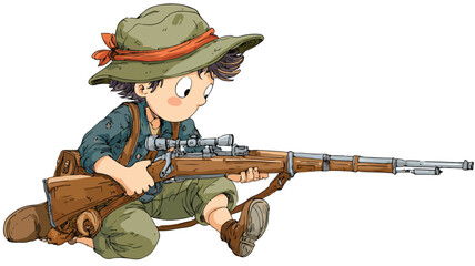 Cartoon Hunter Boy with Rifle Vector Illustration for Isolated Designs