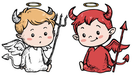 Cute Cartoon Little Angel and Devil Vector with Outline - Professional Image Usage