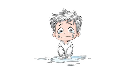 Sad Little Boy Crying Cartoon Vector Illustration on White Background