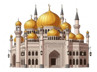 Magnificent mosque with golden domes isolated on transparent background