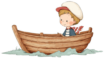 Adventurous Cartoon Sailor Boy on Wooden Boat Vector Illustration