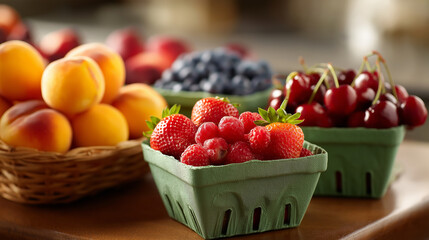 Fresh assortment of colorful fruits in green baskets vibrant market setting stock photo peaches cherries blueberries strawberries raspberries wooden textures healthy food