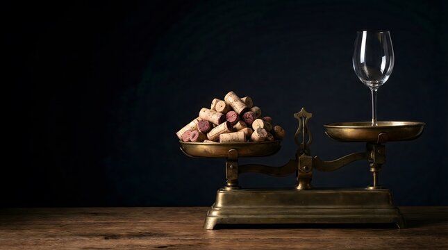 Vintage brass scales balancing a pile of wine corks against a single empty glass