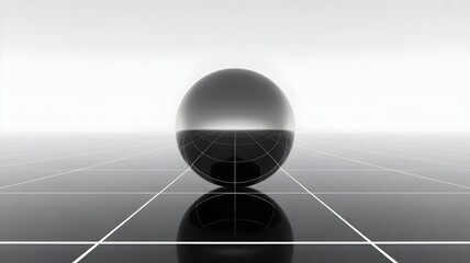 Chrome sphere reflecting grid lines on gray background – Perfect for digital simulation, 3D modeling, or futuristic design aesthetics.