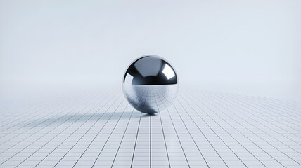 Metallic sphere on white geometric grid surface – Great for product engineering, scientific research, or modern tech branding.