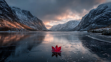 Dramatic Winter Scene of a Frozen Lake Surrounded by Snowy Peaks with a Single Red Maple Leaf on the Cold Ice