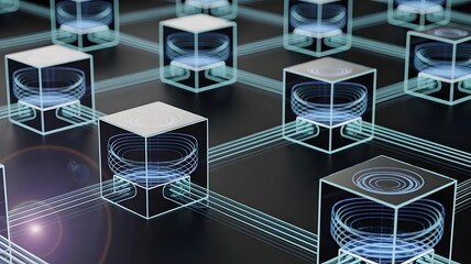 Floating crystal cubes with glowing data streams – Great for cryptocurrency, decentralized finance, or high-speed internet themes.