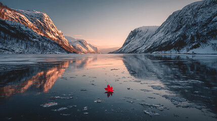 Stunning View of a Red Maple Leaf on a Partially Frozen Lake with Reflection of Snow Covered Mountains at Sunset