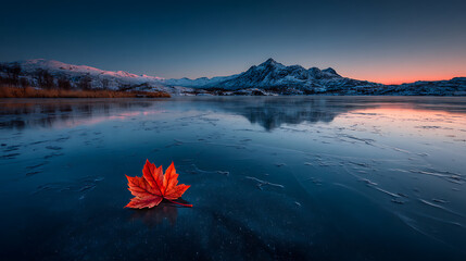 Vibrant Red Leaf on a Frozen Lake Surface During Twilight with Reflection of Jagged Snowy Mountain Peaks