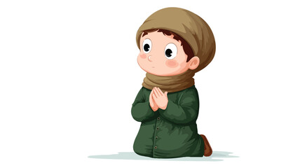 Muslim Boy Praying Cartoon Vector with Outline Isolated on White Background