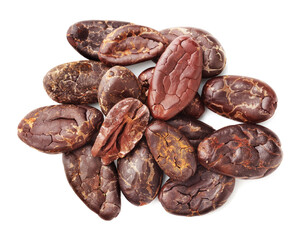 Obraz premium Natural cocoa beans isolated on white, top view