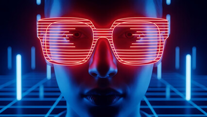 A person wearing futuristic neon glasses in a dark room