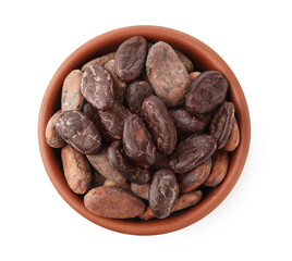 Obraz premium Natural cocoa beans in bowl isolated on white, top view