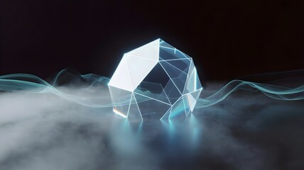 Futuristic polygon rising from cyan fog - Suitable for innovation.