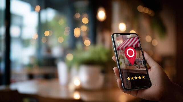 Online local business review rating concept with shop icon location pin customer feedback stock photo digital device display marketing SEO reputation management defocused back