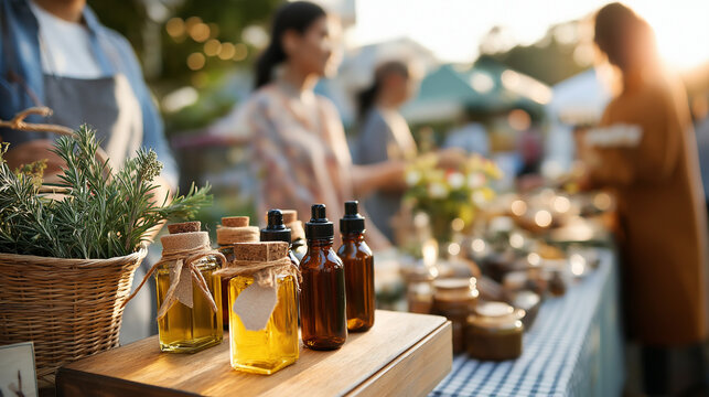Farmers market showcasing handmade oils and herbs during sunny afternoon artisan goods local produce display natural products shoppers browsing inviting atmosphere
